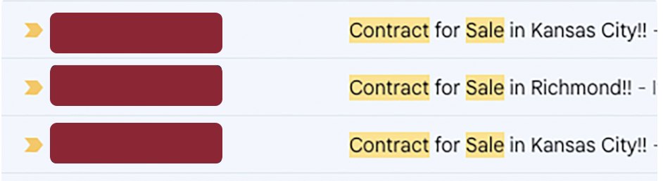 Screenshot of emails from other home buyers, each subject line reading Contract for Sale in Kansas City or Richmond